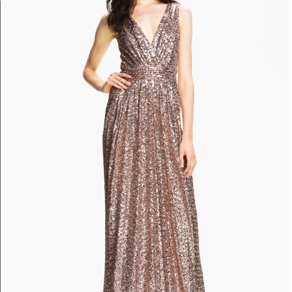 Badgley Mischka Rose Gold Sequin Evening Dress